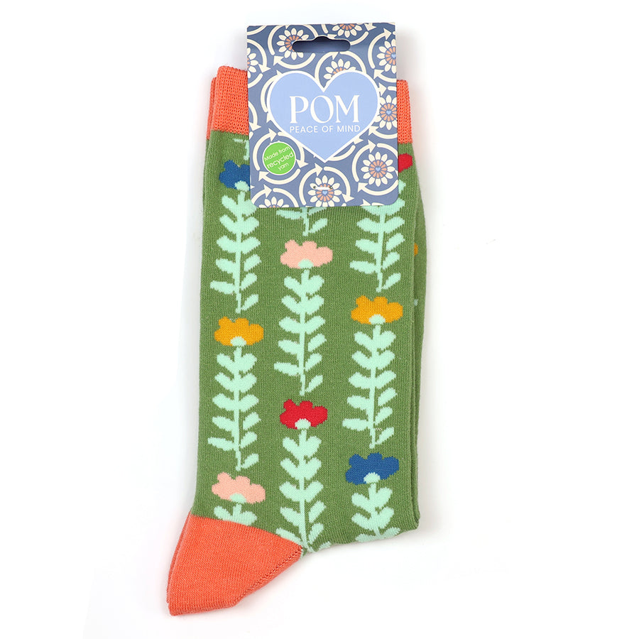 Olive|Coral Mix Floral Vines Ankle Socks