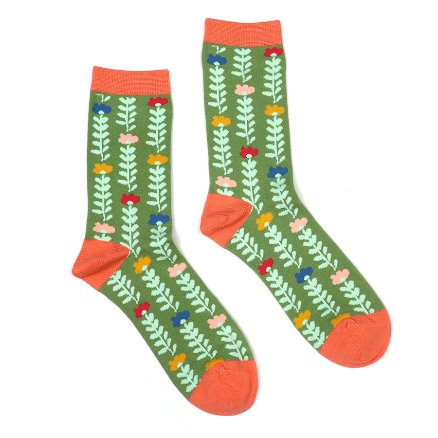 Olive|Coral Mix Floral Vines Ankle Socks