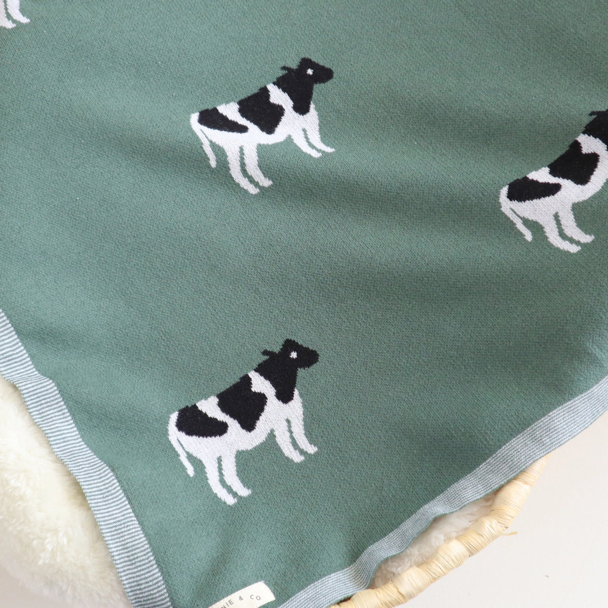 Knitted Baby Blanket | Cow | Bottle Green