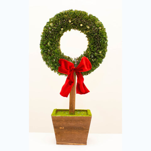 POTTED BOXWOOD SMALL WREATH TREE WITH RED BOW | 45cm
