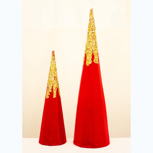 RED GILDED VELVET SET OF 2 CONICALS