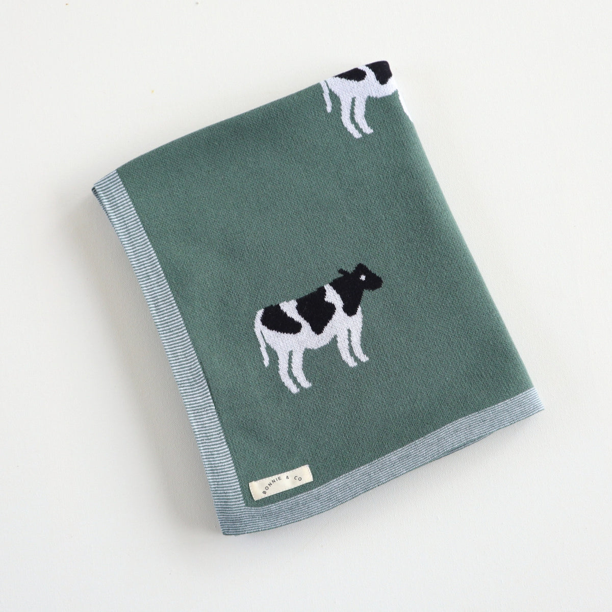 Knitted Baby Blanket | Cow | Bottle Green