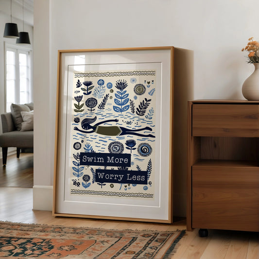 Swim Wild Folksy Print A4 | Navy Blue