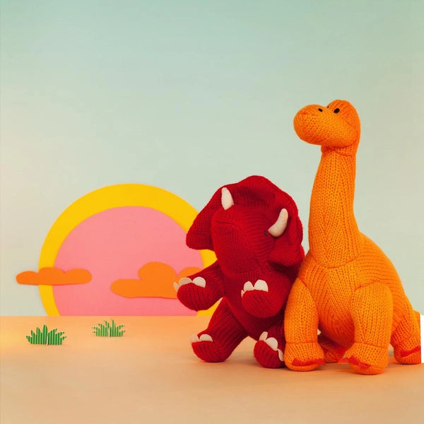 Knitted Diplodocus Dinosaur Baby Rattle | Orange