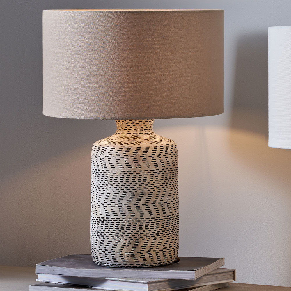 Atouk Textured Natural and Black Stoneware Table Lamp with Cylinder Shade