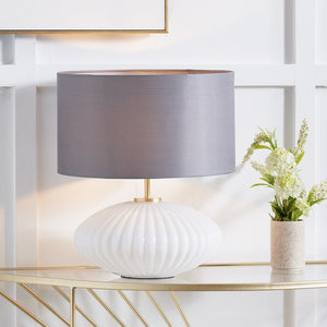 Emilia White Ribbed Glass & Gold Metal Oval Table Lamp