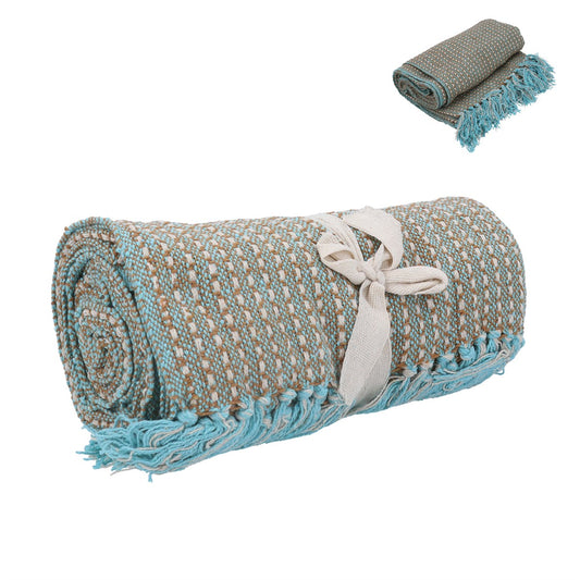 Tan & Blue Retro Woven Cotton Throw