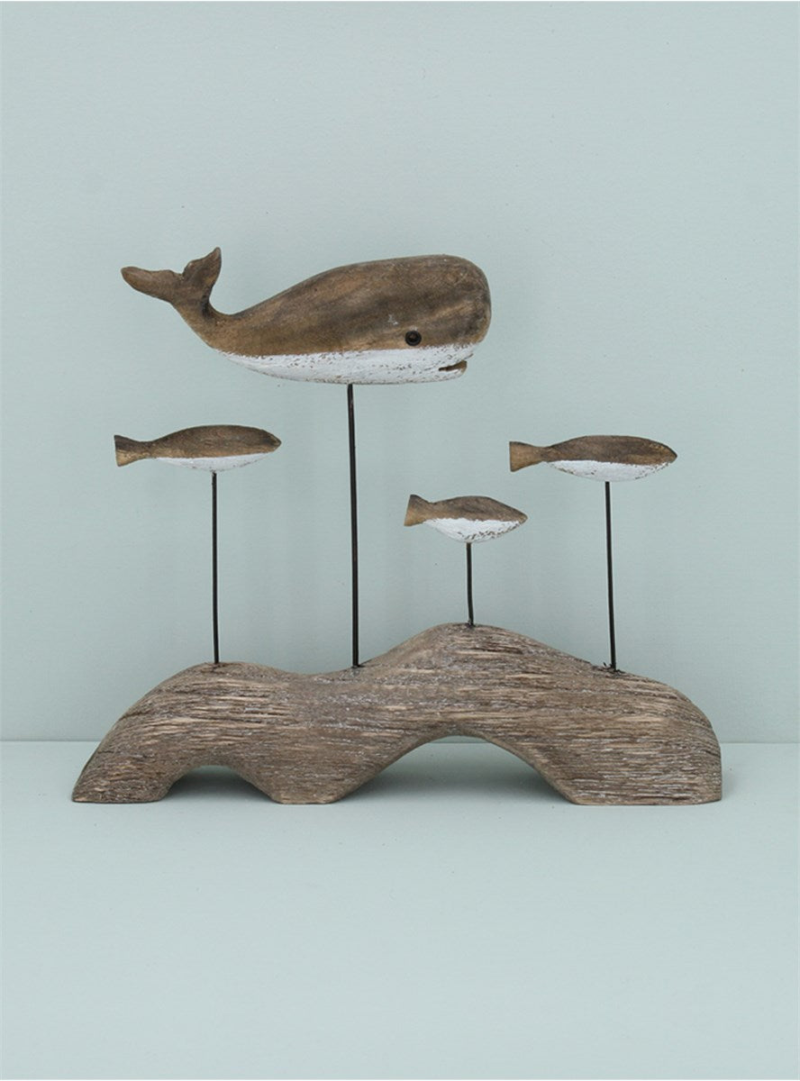 Rustic Whale & Fish on Plinth | Wood Ornament