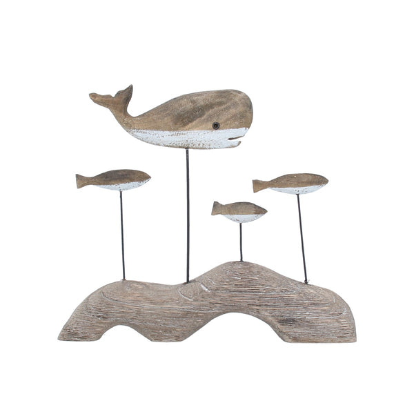 Rustic Whale & Fish on Plinth | Wood Ornament