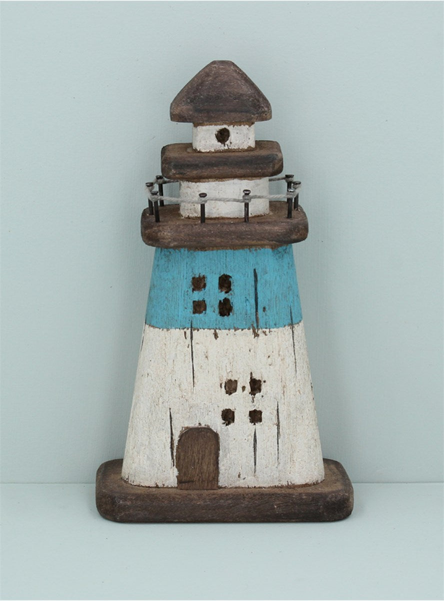 Rustic Wood Blue Stripe Lighthouse Ornament