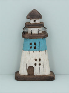 Rustic Wood Blue Stripe Lighthouse Ornament