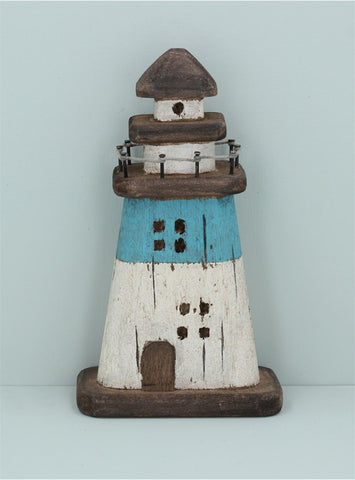 Rustic Wood Blue Stripe Lighthouse Ornament