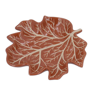 Ceramic Trinket Dish - Brown Earthenware Leaf Shape, Large