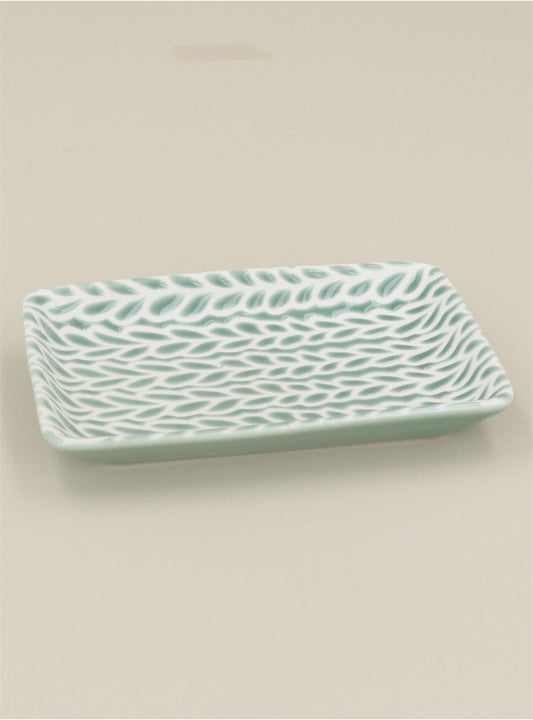 Small Green & White Porcelain Leaves Trinket Dish
