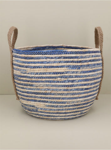 Blue Stripe Round Cornhusk Basket with Handle Basket | Lge