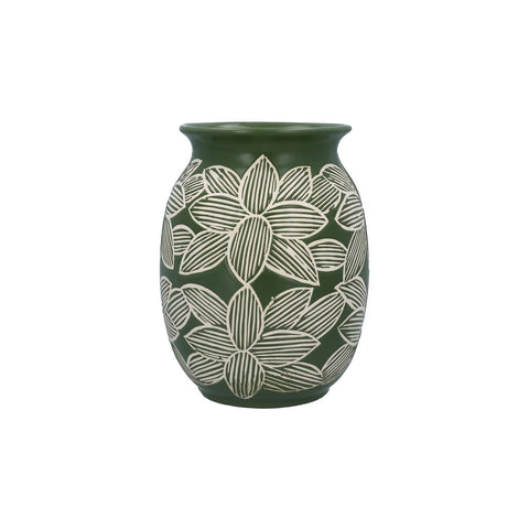 Green Etched Flowers Stoneware Decorative Vase | Medium