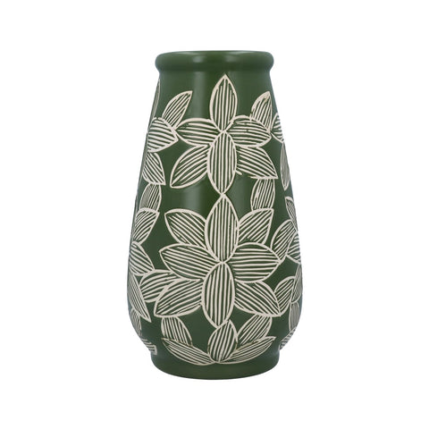 Green Etched Flowers Stoneware Decorative Vase | Lge