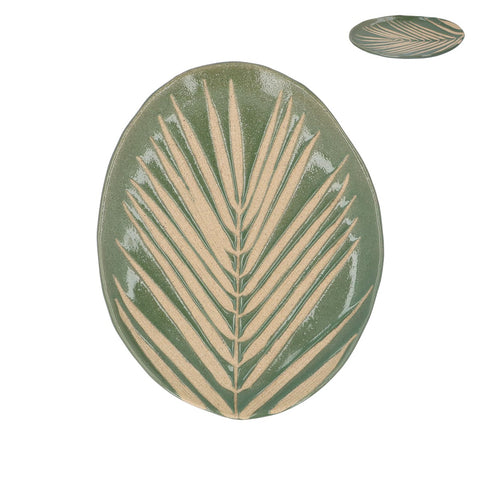 Palm Leaf Oval Plate | Green Stoneware | Sml