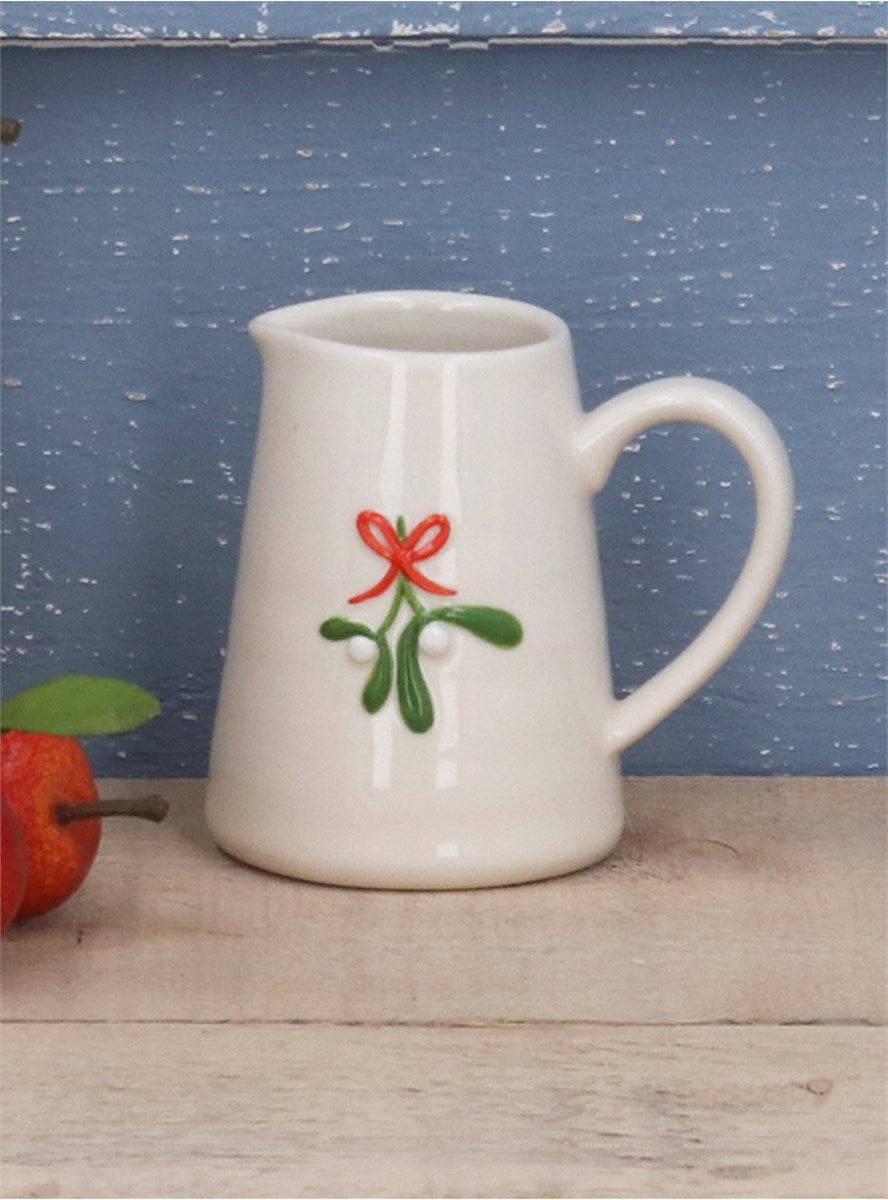 Stoneware Mini Jug W Bow/Mistletoe