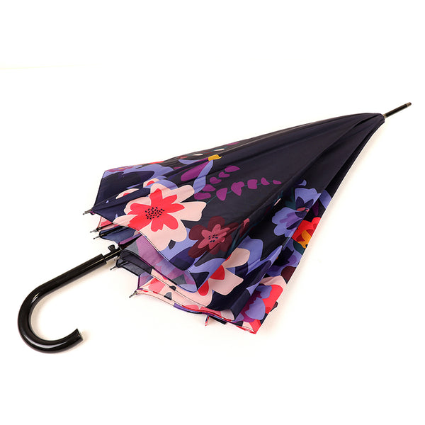 Curved Handle Umbrella | Navy With Floral Print
