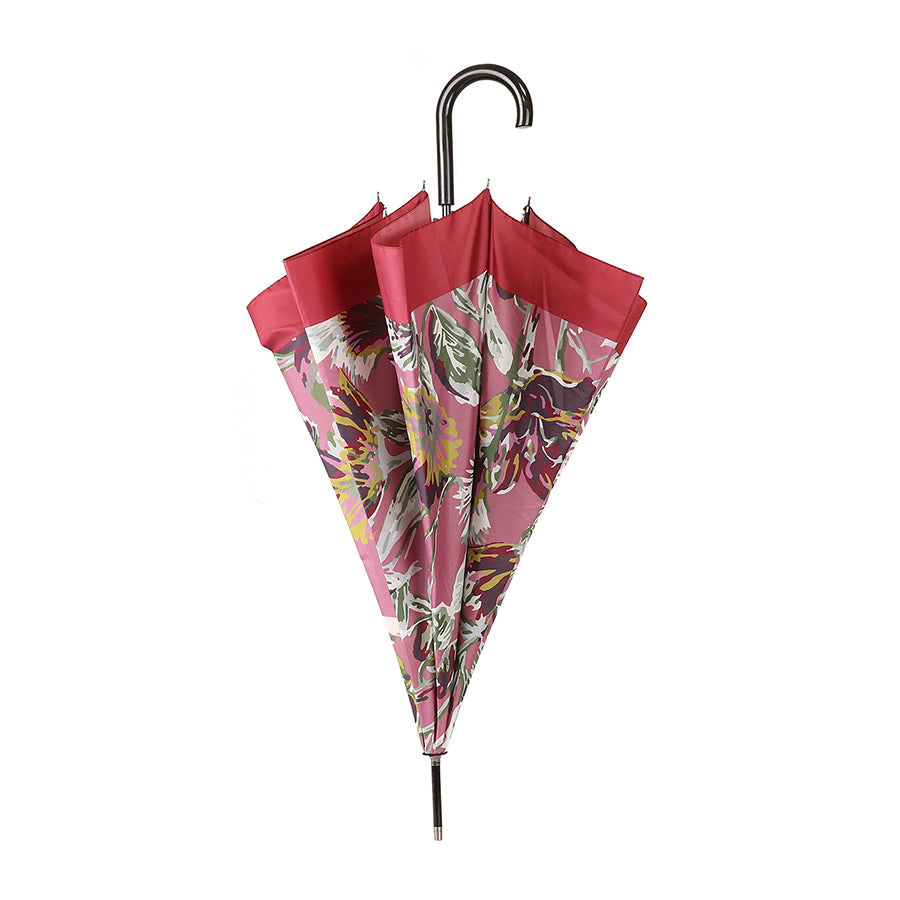 Salmon/Burgundy Botanical Print Long Handled Umbrella