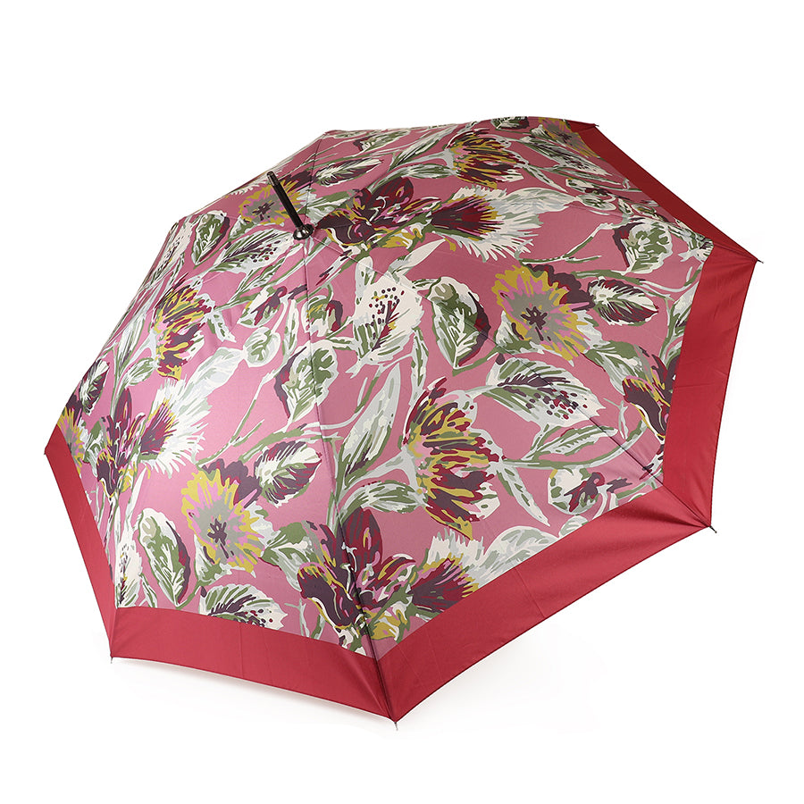 Salmon/Burgundy Botanical Print Long Handled Umbrella