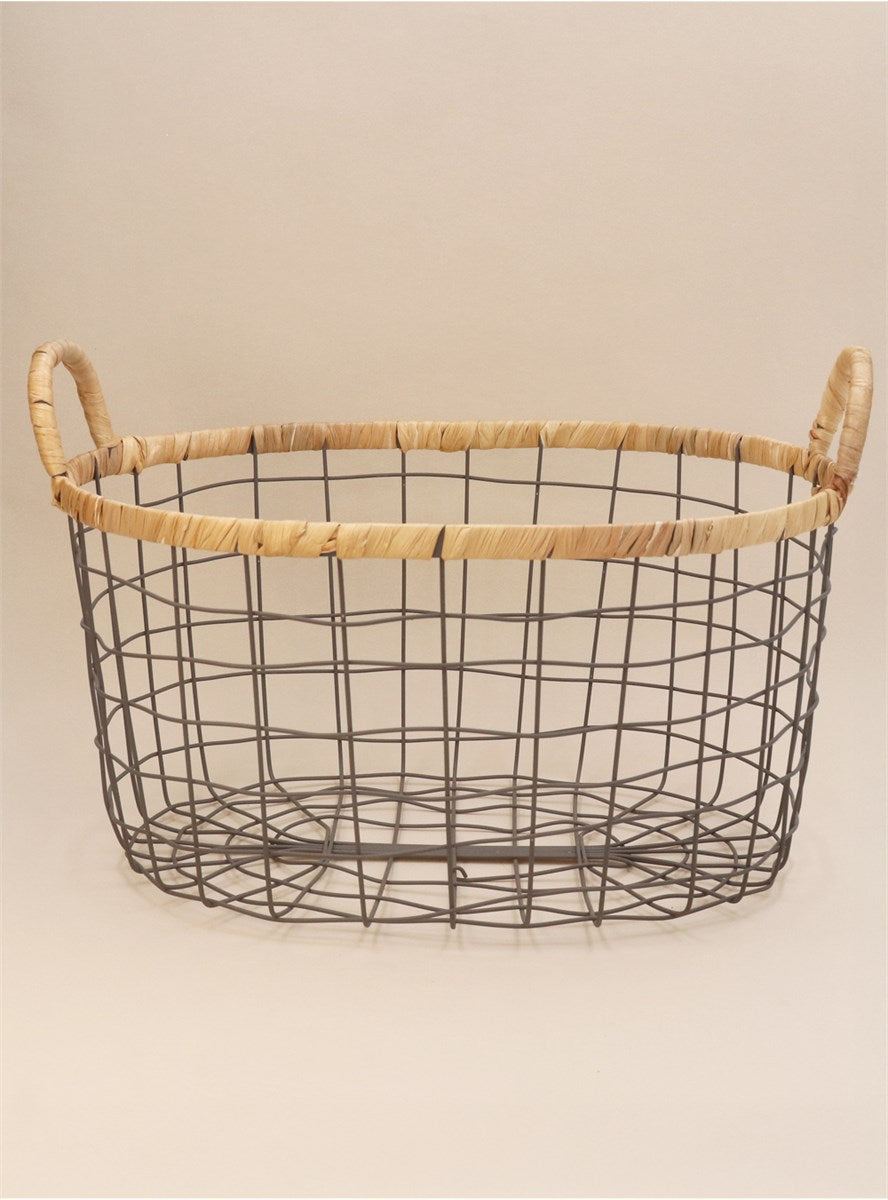Wire Oval Basket With Woven Trim Set/2