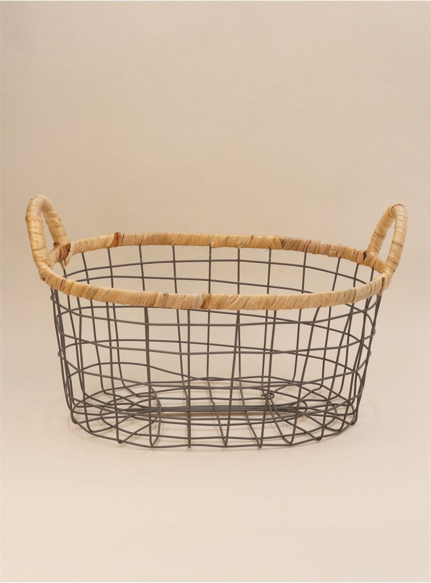 Wire Oval Basket With Woven Trim Set/2