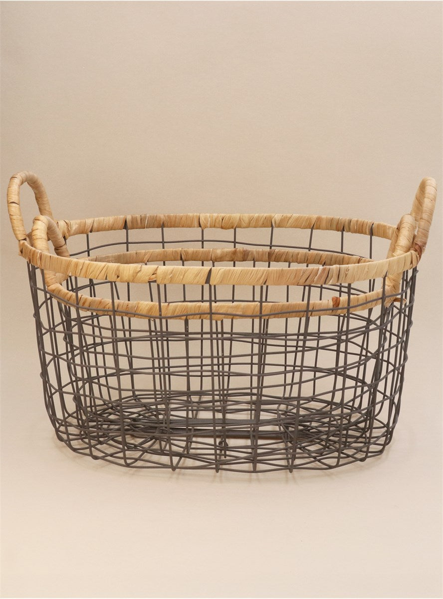 Wire Oval Basket With Woven Trim Set/2