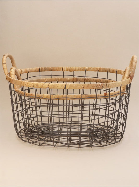 Wire Oval Basket With Woven Trim Set/2