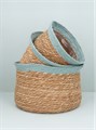 Blue Trim Natural Woven Lined Tub Basket Set Of 3