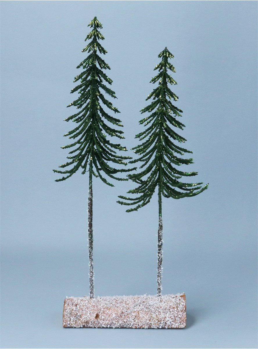 Green Slim Double Glittered Tree On Log Ornament