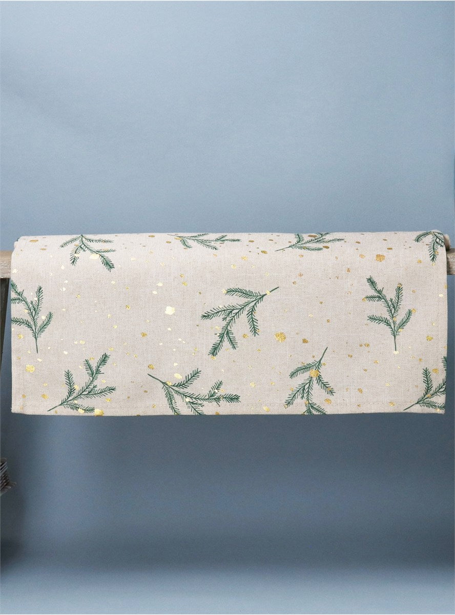 Fabric Table Runner With Sprigs & Gold Snow Pattern