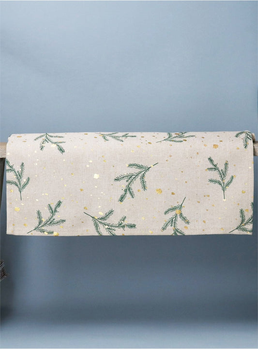 Fabric Table Runner With Sprigs & Gold Snow Pattern