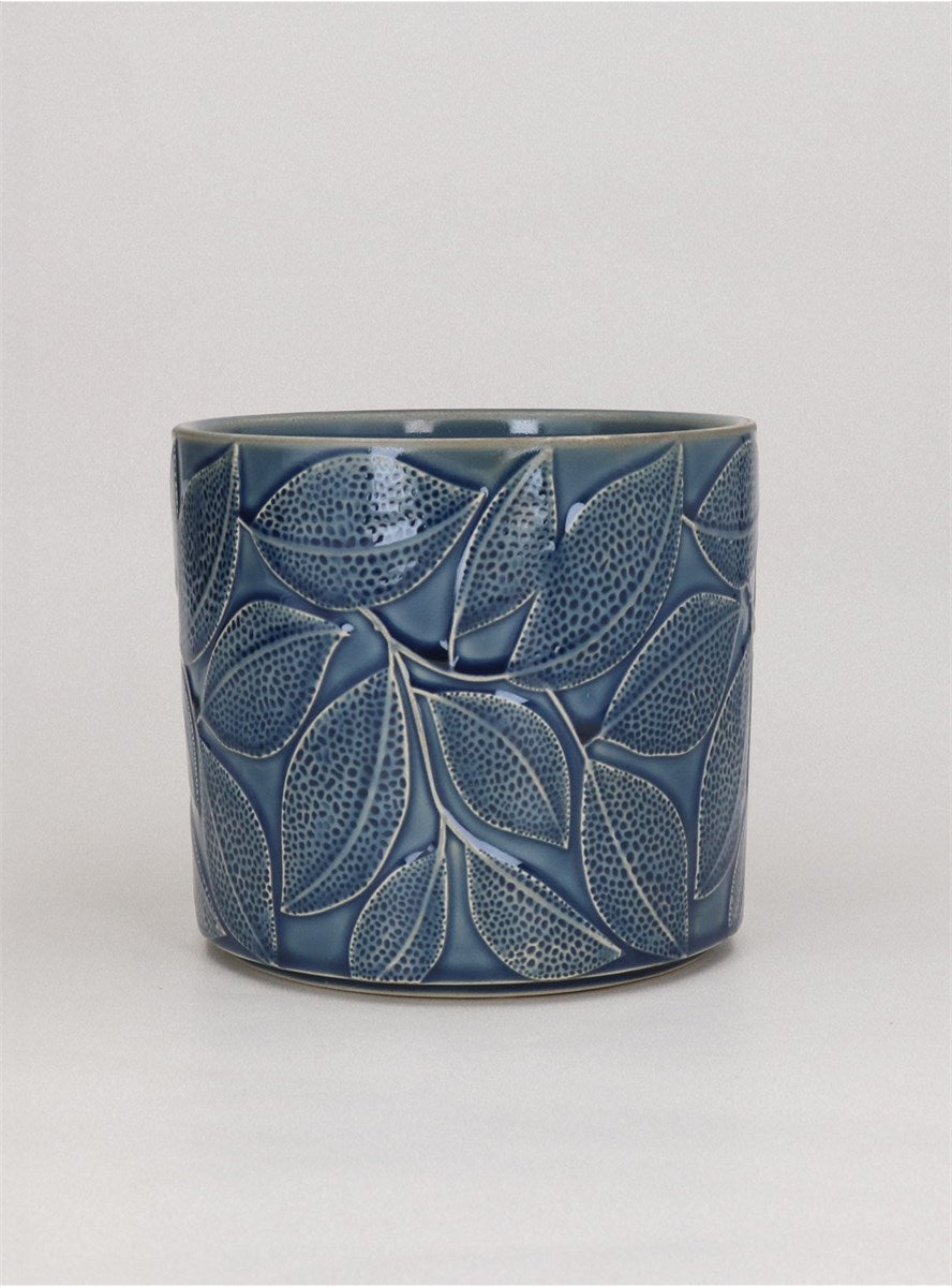 Navy Leaves Stoneware Pot Cover Large