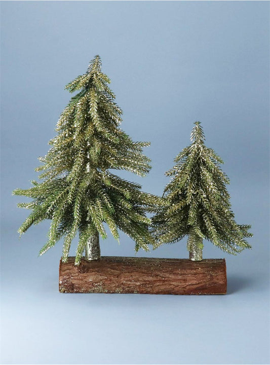 Green Fir Double Tree On Log W Gold Glitter Ornament