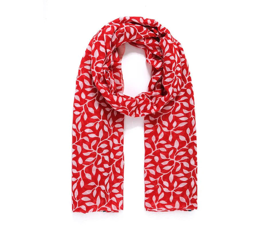 Red Leafy & Geo Border Scarf