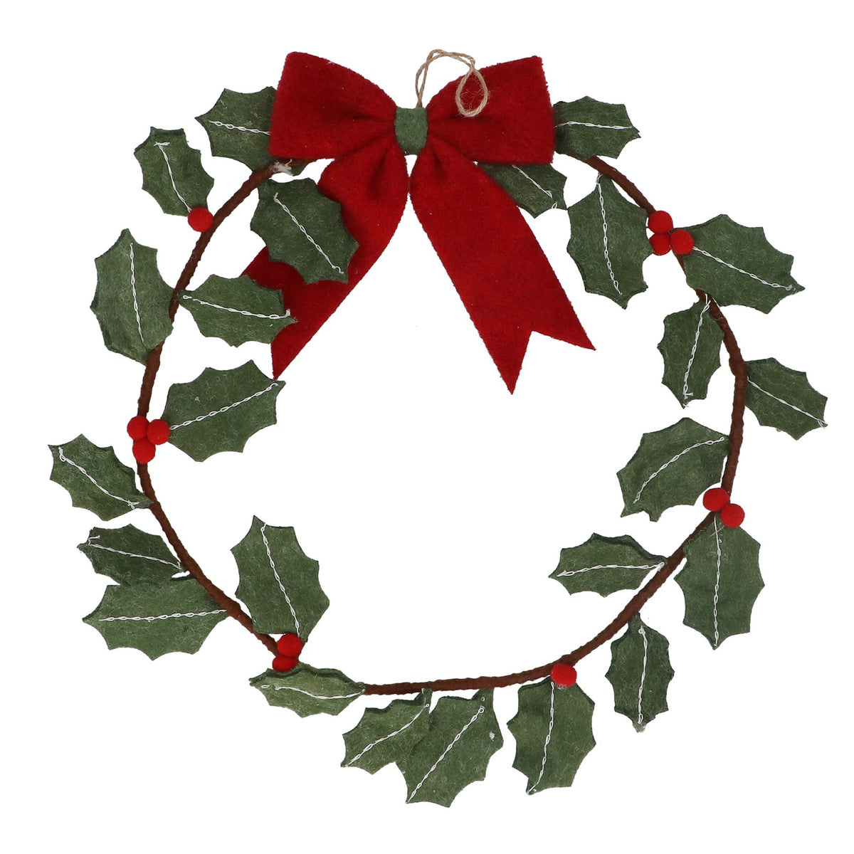 Felt Wreath 37cm|Holly Leaves & Red Berries