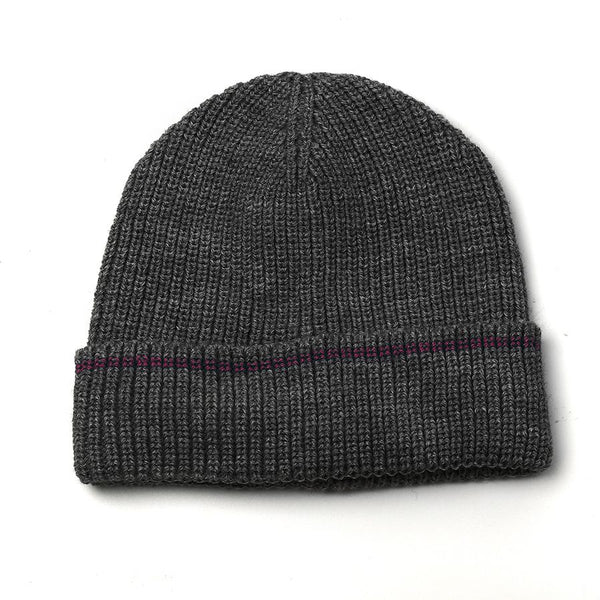 GREY/RIBBED KNITTED MENS HAT WITH BURGUNDY BORDER