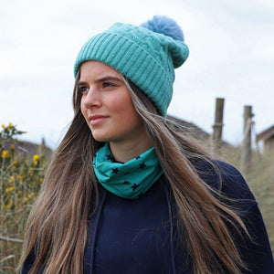 GREEN CABLE KNIT HAT WITH MATCHING FAUX FUR POMPOM
