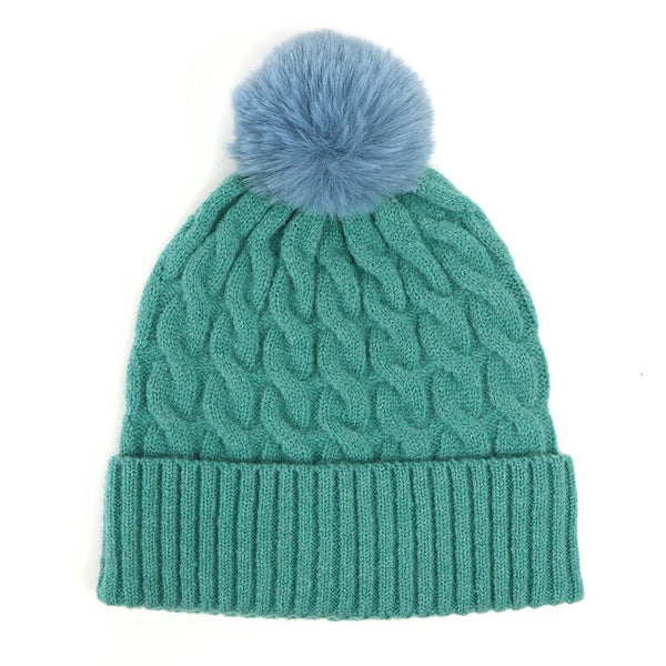GREEN CABLE KNIT HAT WITH MATCHING FAUX FUR POMPOM