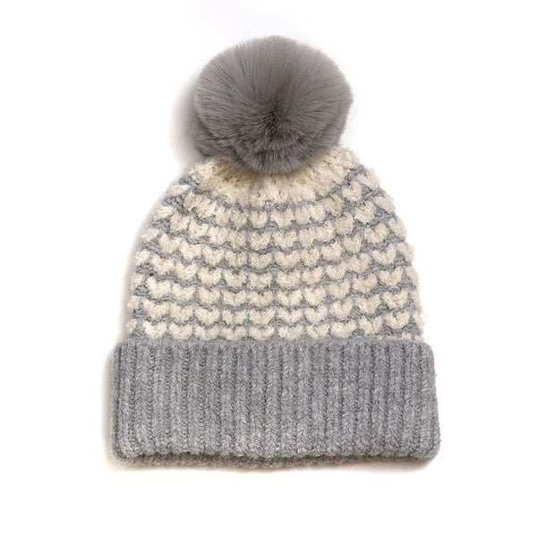 SOFT GREY HEART KNIT HAT WITH MATCHING FAUX FUR POMPOM