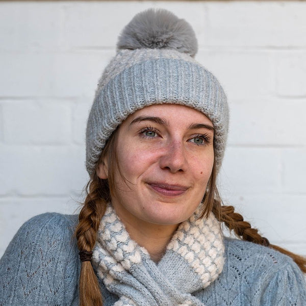 SOFT GREY HEART KNIT HAT WITH MATCHING FAUX FUR POMPOM