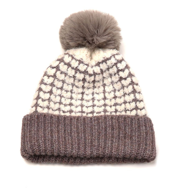 CAPPUCINO HEART KNIT HAT WITH MATCHING FAUX FUR POMPOM