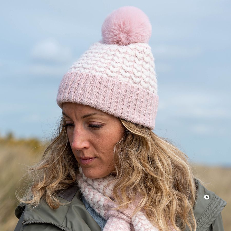 PALE PINK HEART KNIT HAT WITH MATCHING FAUX FUR POMPOM
