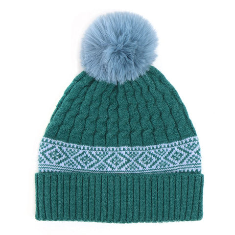 GREEN HAT CABLE KNIT WITH DIAMOND FAIR ISLE BORDER & PALE GREEN POMPOM