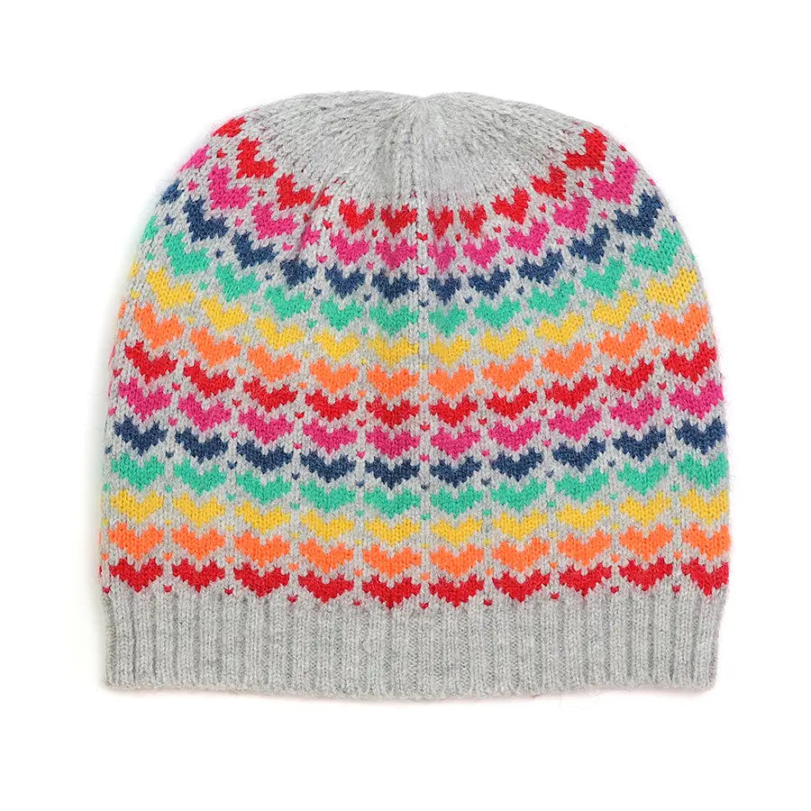 Rainbow Hearts/Grey Wool Blend Beanie Hat