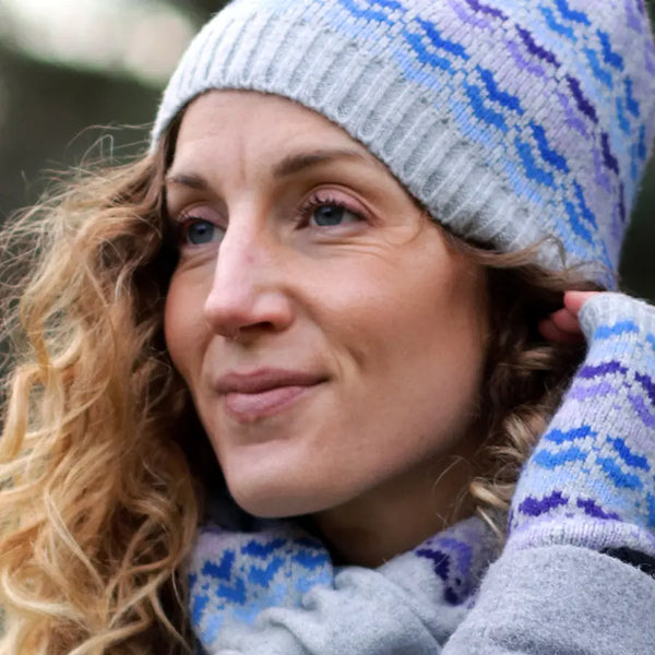 Blue Mix Hearts/Grey Wool Blend Beanie Hat