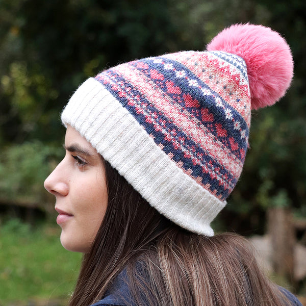 Blue & Coral Fair Isle Bobble Hat