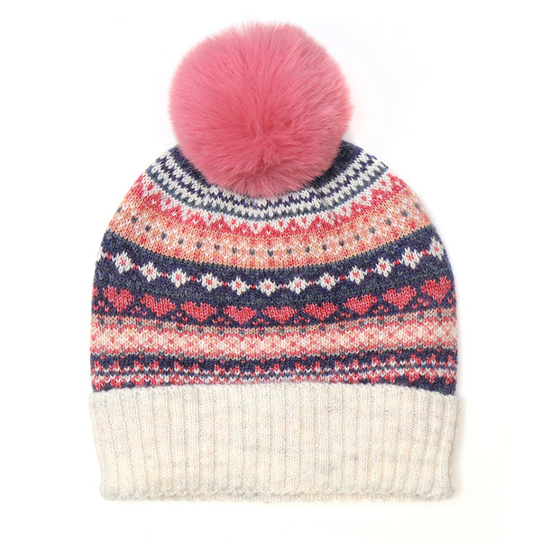 Blue & Coral Fair Isle Bobble Hat